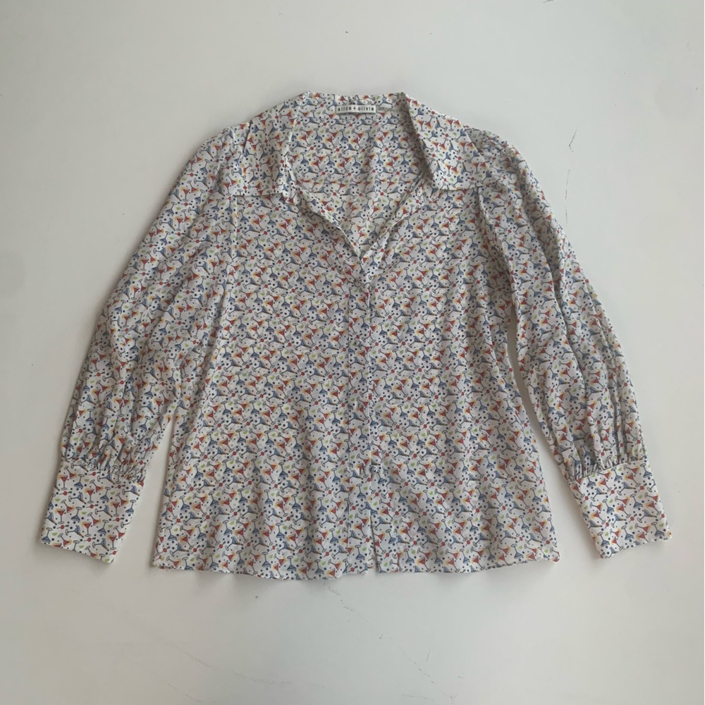 Alice + Olivia Salome Shirt Blouse Small Pure Silk Martini Baloon Sleeves Button